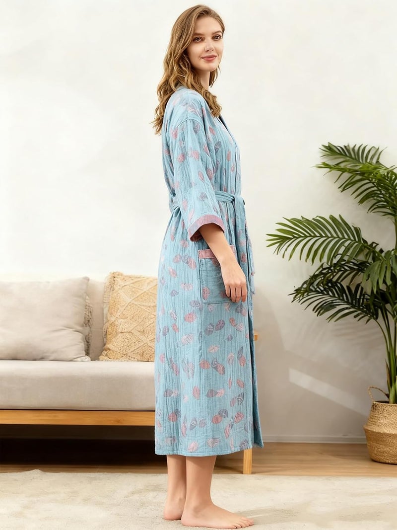 ENGLUCK Store Cotton Gauze Robe for Wome Plus Size Kimono Robe Muslin Bathrobe with Belt Pocket Loungewear Yukata Sleepwear - Image 3